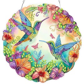KEYIFA Diamond Painting Kit, DIY Hummingbirds Diamond Art, Birds Flowers Diamond Painting Hanging Sign Crystal Art Window Ornaments Home Garden Wall Door Hanging Decor, 20cm Width