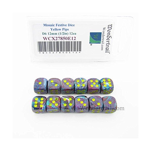 Mosaic Festive Dice with Yellow Pips 12mm (1/2in) D6 Set of 12