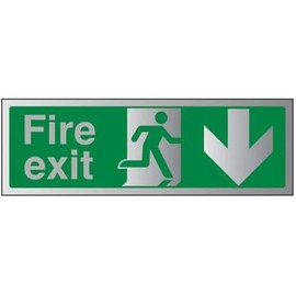 VSafety Fire Exit-Fire Exit Arrow Down Sign - 300mm x 100mm - 3mm Brushed Alu Comp