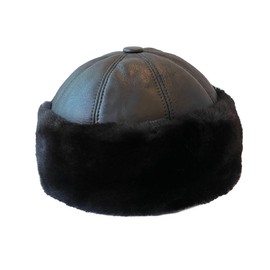 Winter Leather Hat Shearling Sheepskin Fur Beanie Hat (US, Alpha, Small, Black)