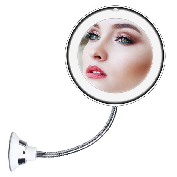 10x Magnifying Mirror with Light, Flexible Gooseneck Make up Mirror with Lights and Magnification, Battery Operated Cordless Magnified Mirror with Suction Cups for Wall Bathroom