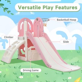4 in 1 Slide, Toddler Climber and Slide Set, Kids Playground Climber Freestanding Slide Playset with Basketball Hoop Play Combination for Babies Indoor & Outdoor playset 3+ (Pink)