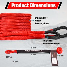 FieryRed 3/4” x 20FT Kinetic Recovery Rope Kit with 2 Soft Shackles, 26500LBS MBS Heavy Duty Tow Rope Snatch Strap Offroad for SUV, Truck, Car and Tractor