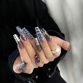 Press on Nails Long Square Artificial Fake Nails with Snake Print Pattern Design Blue False Nails Full Cover Reusable Coffin Nails Press Acrylic Nails Set Glue on Nails for Women 24Pcs