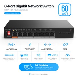 Amcrest 8-Port Switch with 4-Ports POE+ 802.3af/at 60W, Metal Housing, (AGPS8E4P-AT-60-V2)