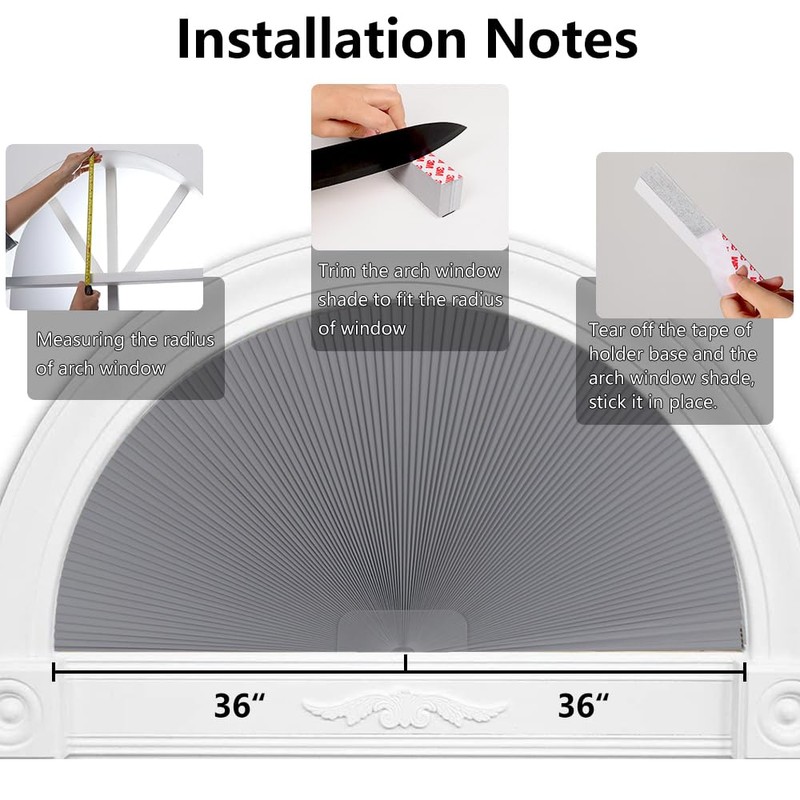 SEEYE Arch Window Blackout Shades, Pleated Fabric Blind (Radius: 36'')