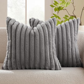 MIULEE Light Grey Throw Pillow Covers 18x18 Inch Set of 2 Fuzzy Striped Soft Pillowcase with Velvet Back Faux Rabbit Fur Cushion Covers Decorative Home Pillows for Sofa Couch Bedroom Car