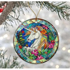 Unicorn Stained Glass Ornament Ceramic, Merry Christmas Ornament, Unicorn Decoration, Keepsake Christmas, Colorful Unicorn Ornament, Wildlife Stained Glass Ornament Printed on Both Sides
