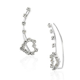 Chuvora 925 Sterling Silver White Crystal Glass Stones and Heart No Pierce Ear Pin Earrings, Set of Two (2)