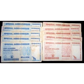 10 Zimbabwe agro cheque banknotes 5 x 50 & 100 Billion Dollars