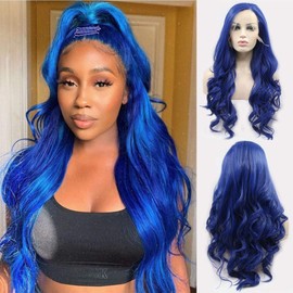Blue Wigs for Women Lace Front Wig Long Wavy Dark Blue Frontal Lace Wig Natural Hairline Glueless Soft Synthetic Heat Resistant Fiber Hair Daily Cosplay Party Drag Queen Hand Tied Wig 22 Inches
