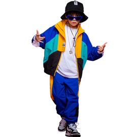 LOLANTA Kids Color Block Jacket Track Pants Sets Dance Outfits Sportswear Unisex (8-10, blue)