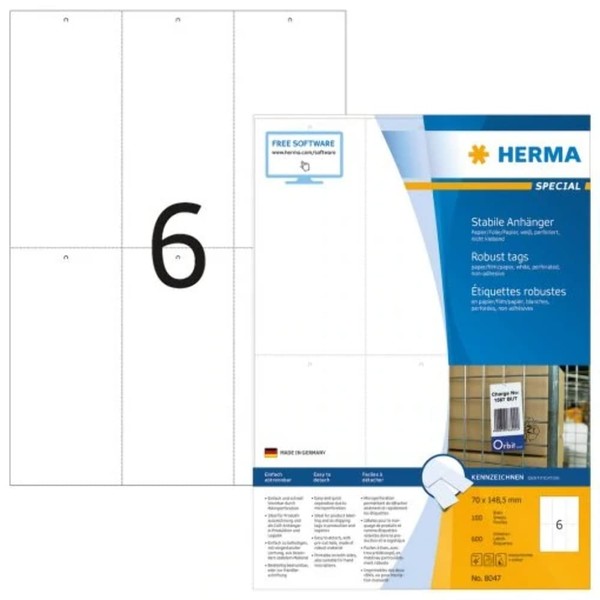 HERMA 8047 Sturdy Tags Perforated 100 Sheets 70 x 148.5