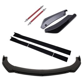 KEEPDSGN Front Bumper Lip Universal Spoiler for Car (Upgrade Round Corner，Black) + Adjustable 8"-11" Support Rod (Red) + 86.6" Side Skirt (Black) + Rear Canard Diffuser(Black)