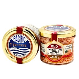 Pacific Secrets Red Vegan Caviar in Vegan Spread | Seafood Flavor | Seaweed | No-Fish | Natural Colors | Kosher | 4.4 oz Glass Jar