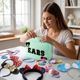 Dealkion Mouse Ears Bag Travel Case Hair Accessories Organizer Bow Mouse Ears Headbands Holder Storage Nylon Large Chenille Letter Makeup Bag Park Travel Essentials Gifts for Women