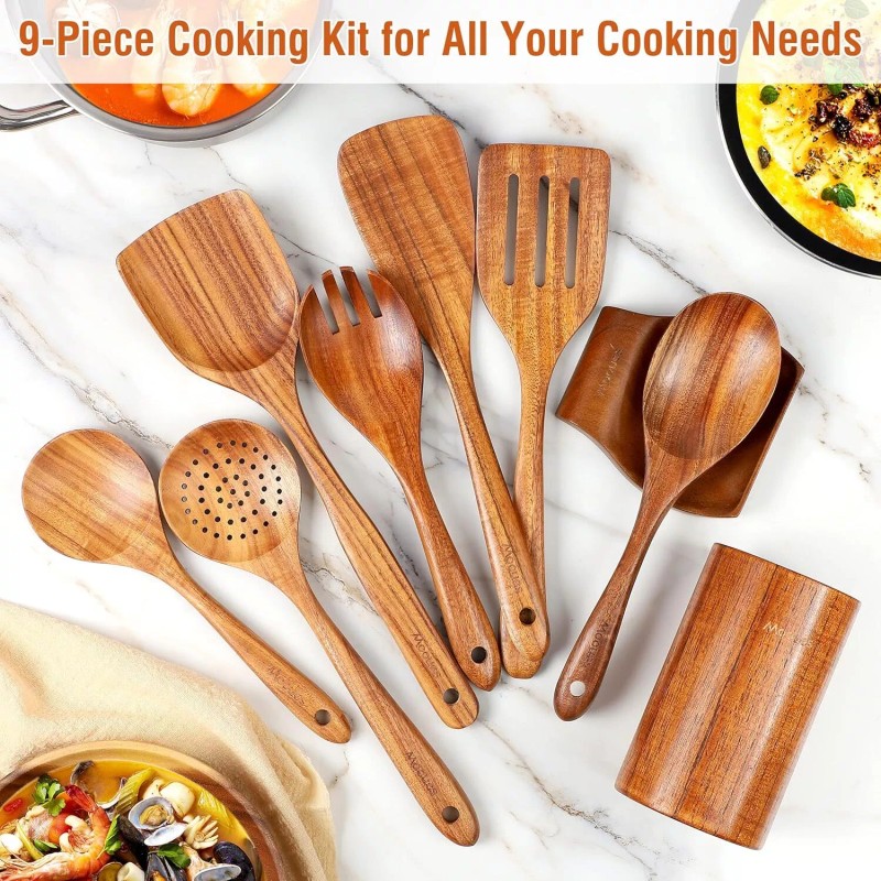 Mooues 9 Piece Natural Teak Wooden Spoon Set With Holder