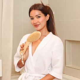 ROSENA Dry Brushing Body Brush with Curved Handle - Dry Brush Natural Boar Bristles, Bamboo, Ergonomic Design for Exfoliating & Lymphatic Drainage, Sustainable Materials