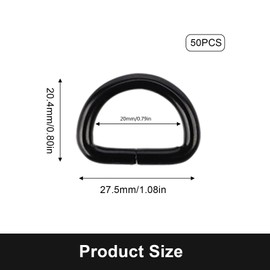 LERANXIN D-Ring Pack of 50 D Rings Black, Outer 20 x 27.5 mm, 3.6 mm Thick Metal Ring, Metal Ring for Handbags, Backpacks and Belt Buckles