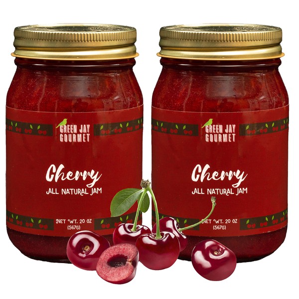 Green Jay Gourmet Cherry Jam - All-Natural Fruit Jam with Cherries & Lemon Juice - Vegan, Gluten-free Jam - Contains No Preservatives or Corn Syrup - Made in USA - 2 x 20 Ounces