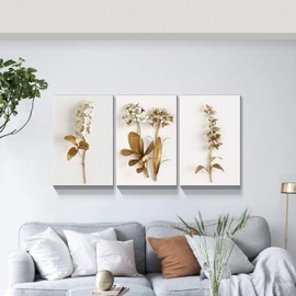 Looife 3 panel Canvas Wall Art for Living Room - 3 Piece 24x32 Inch Minimalist Gold Flower Plants Artwork Prints Wall Decor, Ready to Hang