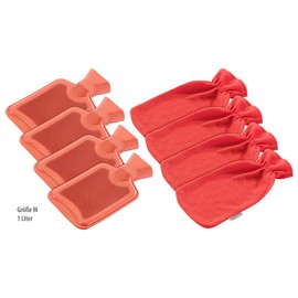 PEARL Heizflasche: 4er-Set Wärmflaschen Größe M mit flauschigem Vlies-Bezug, rot, 1 Liter (Wärmeflasche, Wärmekissen)