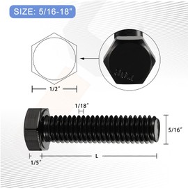 5/16-18 x 4-1/2" Hex Head Bolts, Fully Threaded, Stainless Steel 304(18-8) Bolt, Black Finish, Quantity 10