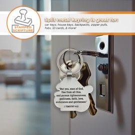 Christian Art Gifts Inspirational Scripture Metal Keychain for Men, Dads, Students, Grads: Man of God Encouraging Bible Verse, Stylish Stamped Keyring Accessory, Car Keys, Lanyards, Silver & Black