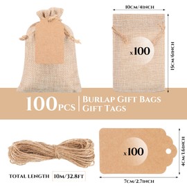 100 Pcs Burlap Gift Bags with 100 Pcs Kraft Paper Gift Tags Burlap Bags with Drawstring Favor Bags Bulk Burlap Sack Small Bags Jewelry Pouches for Wedding Party DIY Craft (4 x 6 Inch, Light Brown)