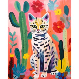 Paint by Number Cactus and Cat DIY Painting Canvas with Brushes Acrylic Paints Funny Animal Graffiti Fauvist Color Catcore Paint by Numbers for Adults and Kids Beginner 16x20 Inch（without Frame）