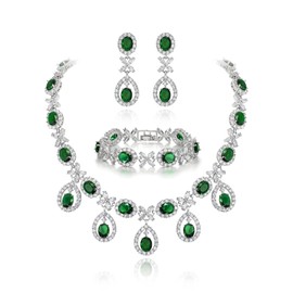 EVER FAITH Elegant Wedding Jewelry Green Cubic Zirconia Floral Leaves Water Drop Bridal Prom Necklace Dangle Earrings Bracelet Set for Women Bride
