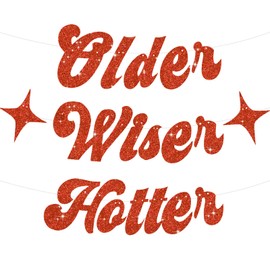 BEISHIDA Glitter Red Older Wiser Hotter Banner with star(Pre-Strung),Funny Birthday Banner 30th 40th 50th 60th 70th 80th Birthday Party Decorations Birthday Sign Birthday Gift