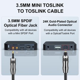EMK Optical Audio Cable Toslink to Mini Toslink Cable 3.5 (Not AUX) Adapter Toslink SPDIF IN/OUT 24K Gold-Plated Plug to Male for Speaker TV Chromwcast Audio Box TV (1 Metre)