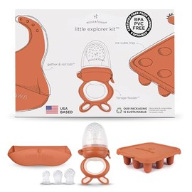 Moss and Fawn Little Explorer Kit - Kit de paletas de leche materna congelada de silicona con alimentador de forraje, bandeja de cubitos de hielo de paleta de dentición, y babero de alimentación para