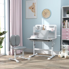 Qaba Kids Desk and Chair Set, Height Adjustable Kids School Study Desk and Chair Set with Tilt Desktop, Storage Drawer and Reading Rack for Writing, Reading and Drawing, Gray