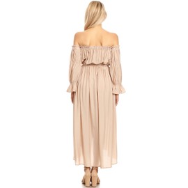 Anna-Kaci Womens Boho Long Sleeve Off Shoulder Renaissance Peasant Dress, Beige, Medium