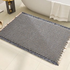 AIBIIN Waffle Bath Mat Super Absorbent Non Slip Bathroom Rug Machine Washable Rubber Backed Bath Mats for Living Room Bathroom Doormat, Blue & Light Yellow, 18"x30"