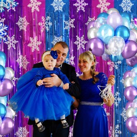 Pink Blue Purple Foil Fringe Curtains Birthday Decorations, 3 Pack 3.2x6.6ft Snowflake Tinsel Backdrop Winter Wonderland Baby Shower Princess Birthday Party Decorations Supplies Favors