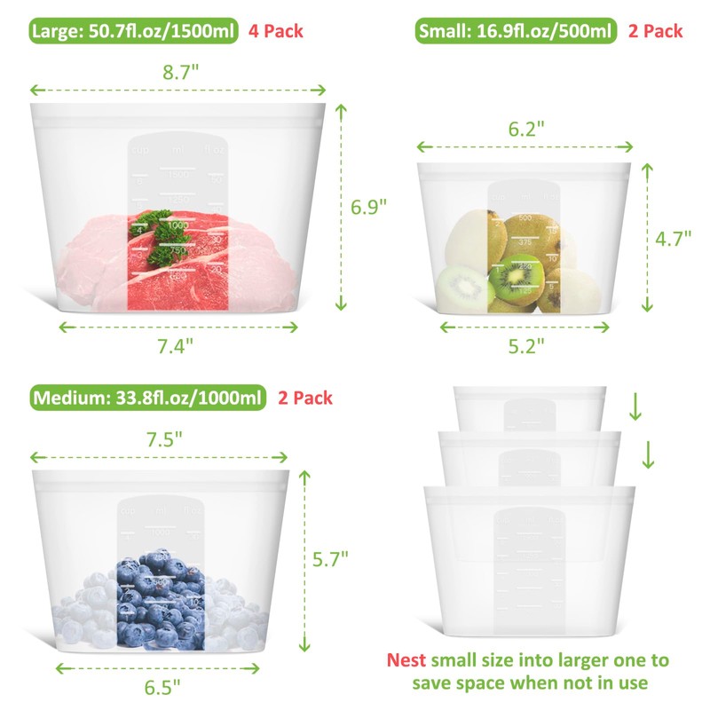 Annaklin Reusable Storage Bag, 8 Pack 100% Silicone Food Storage