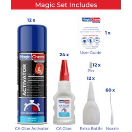 CA Glue with Activator (24 x 1.7 oz + 12 x 13.5 fl oz), Cyanoacrylate Glue and Activator, Super Glue with Activator, CAGlue and Accelerator (12 Pack)