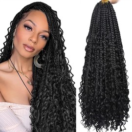 30 Inch Boho Box Braids Crochet Hair 8 Packs Bohomian Crochet Box Braids Curly Ends Pre-looped Messy Goddess Box Braids Hair Extension for Women 1B#