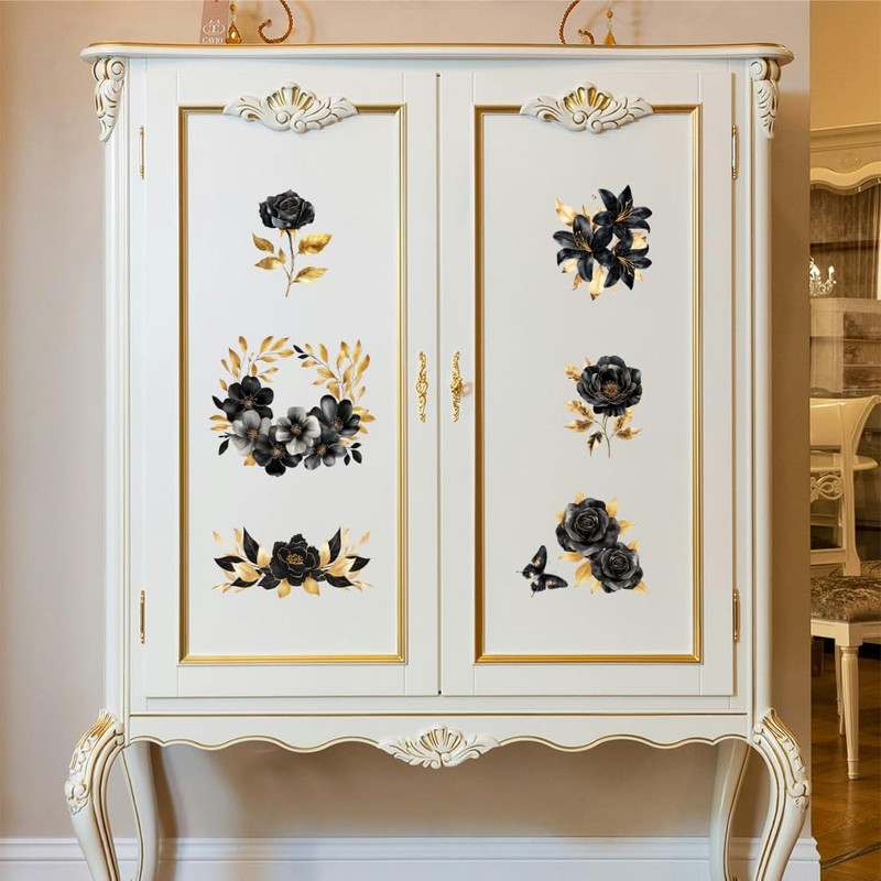 Peacoblue Black Gold Flowers Rub On Transfers for Furniture Craft