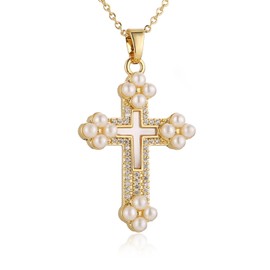 HZMAN Natural Pearl Shell Cross Necklace for Women Dainty 14K Gold Plated Cubic Zirconia Cross Pendant Necklace Jewelry Gift