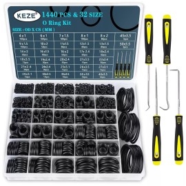 Keze 32 Size 1440 Pcs Rubber O Rings Assortment Kit w/ Pick and Hook Set - 4mm-50mm