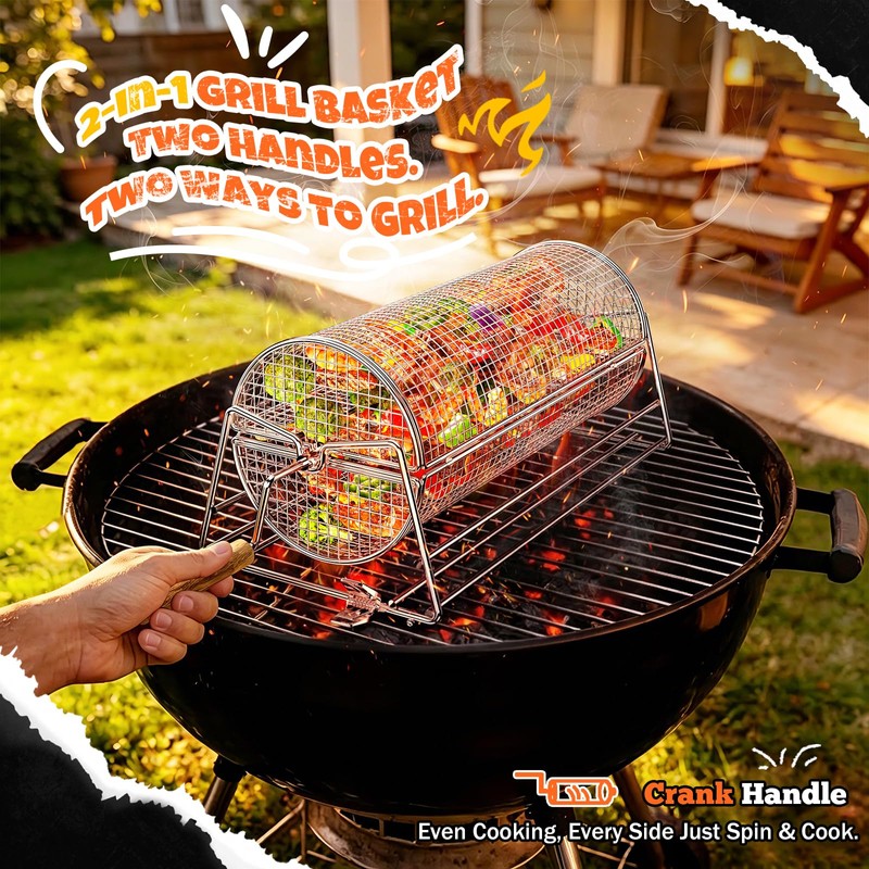 2-in-1 Rolling Grill Basket 304 Stainless Steel Rotatable with Dual