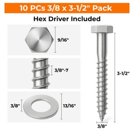 3/8 x 3-1/2 Lag Bolts, 10 PCs 304 Stainless Steel Heavy Duty Wood Lag Screws for Deck Frame Construction, SS Hex Head
