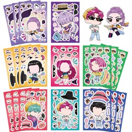 24 Sheets 6.3”x4.3” DIY Make a Face Korea-pop Demon Movie Hunters Stickers for Teens, Make Your Own Mixed & Matched with 8 Designed Characters Sticker for Birthday Party Supplies Favors Teens Reward