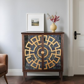 Sideboard Buffet Cabinet, Mid-Century Vintage Accent Cabinets Wood Storage Cabinet Coffee Bar Console Table for Living Room, Hallway, Kitchen, Mirrored Door & Gold Painting