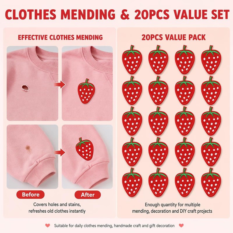 20Pcs Strawberry Iron On Patches Embroidered Fruit Appliques