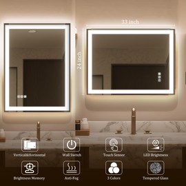 32"x 24" LED Mirror for Bathroom, Lighted Bathroom Vanity Mirror, 3 Colors Dimmable Anti Fog Wall Bathroom Mirror with Lights,Backlit + Front Lit,Bathroom Mirrors for Wall,Tempered Glass,Shatter-Proof